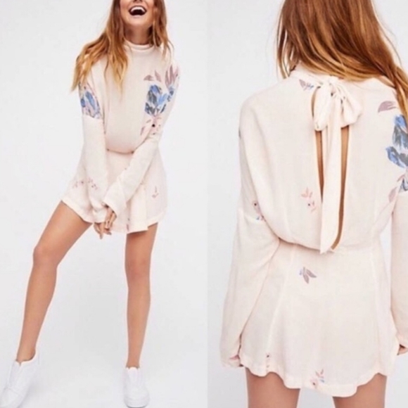 Free People Gemma Light Pink Floral Long Sleeve Tie Open Back Mini Dress Size XS - Picture 8 of 8
